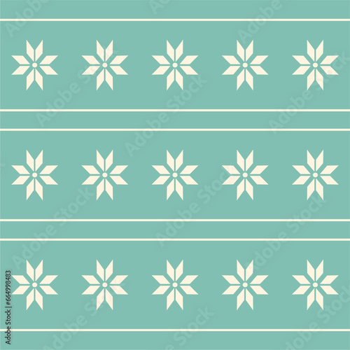 Christmas and New Year seamless pattern. Fair Isle flat knitting pattern in blue and white with Scandinavian snowflakes for winter hat, sweater, jumper, paper or other designs.