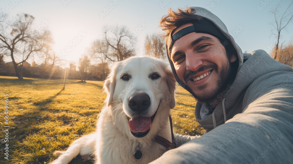 Happy man taking selfie with his dog in a park Generative Ai Happy man taking selfie with his dog in a park Generative Ai