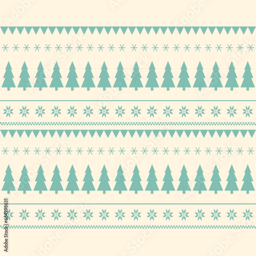 Christmas and New Year seamless pattern. Fair Isle flat knitting pattern in blue and white with Scandinavian snowflakes and Christmas trees for a winter hat, sweater, jumper, paper or other designs.