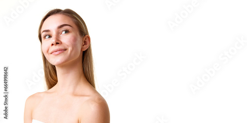 Portrait of elegant, beautiful young girl with smooth, spotless, well-kept skin and blushing cheeks isolated over white studio background. Concept of natural beauty, skincare, cosmetics and