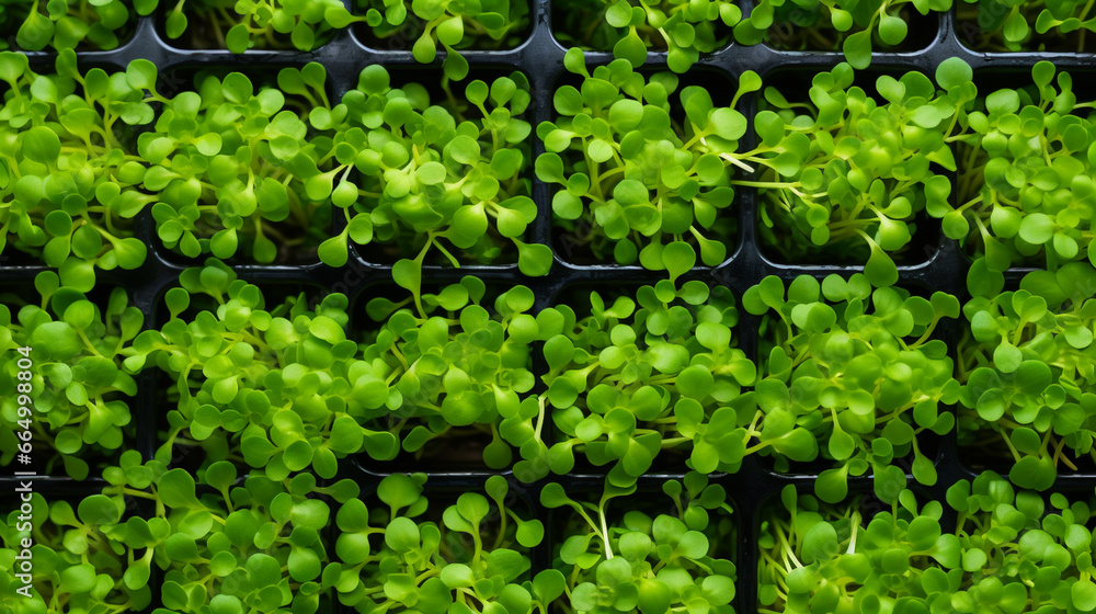 Fototapeta premium An overhead shot of microgreens growing in neat rows, their vibrant green leaves creating a mesmerizing pattern
