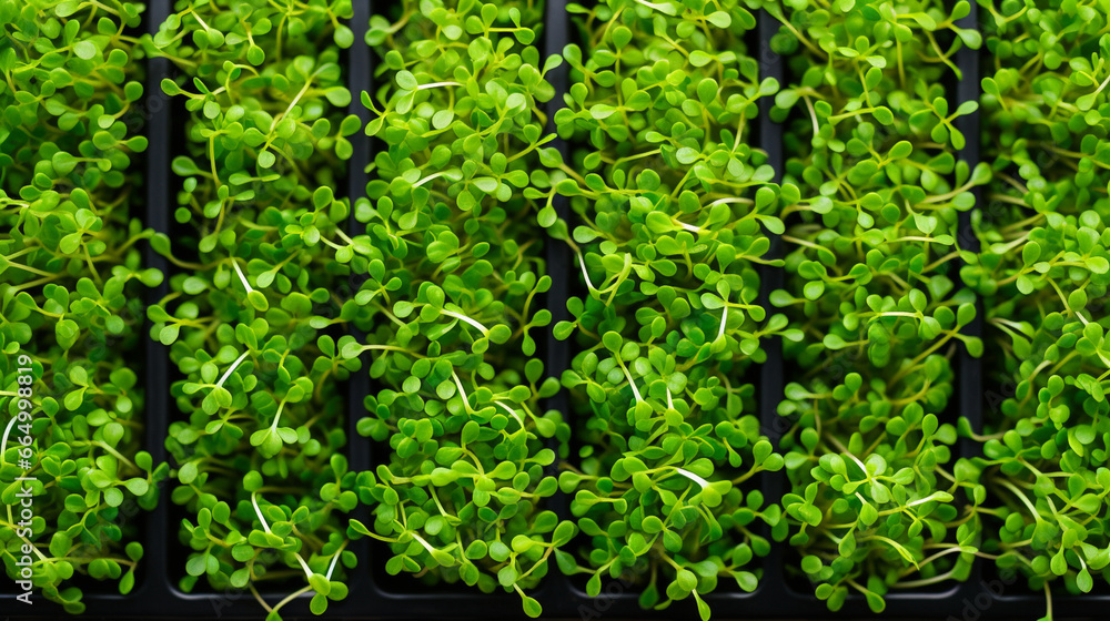 An overhead shot of microgreens growing in neat rows, their vibrant green leaves creating a mesmerizing pattern