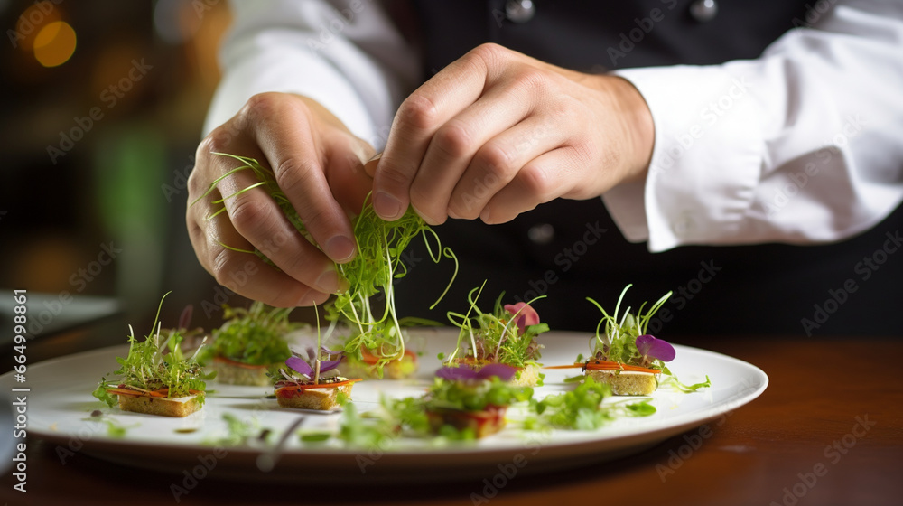 A chef's hands using tweezers to delicately place microgreens on a gourmet appetizer, ensuring a precise presentation