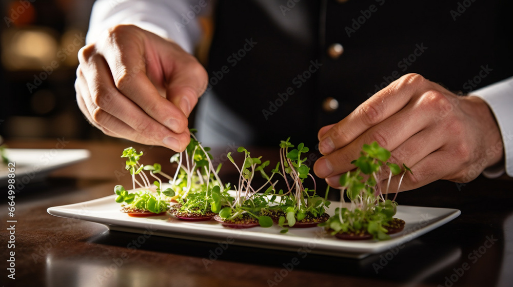 A chef's hands using tweezers to delicately place microgreens on a gourmet appetizer, ensuring a precise presentation