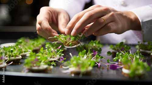 A chef's hands using tweezers to delicately place microgreens on a gourmet appetizer, ensuring a precise presentation