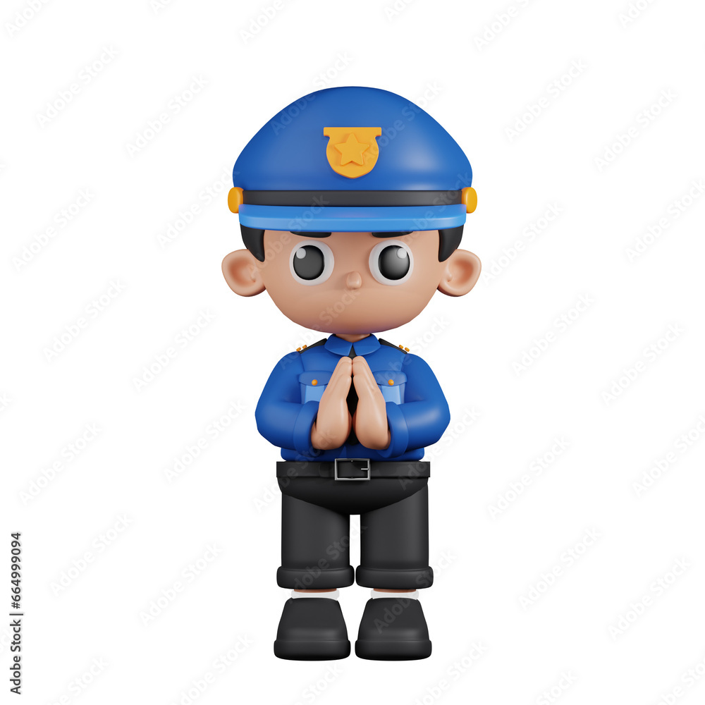 3d Character Policeman Apologizing Pose. 3d render isolated on transparent backdrop. 3d Character Policeman Apologizing Pose. 3d render isolated on transparent backdrop.
