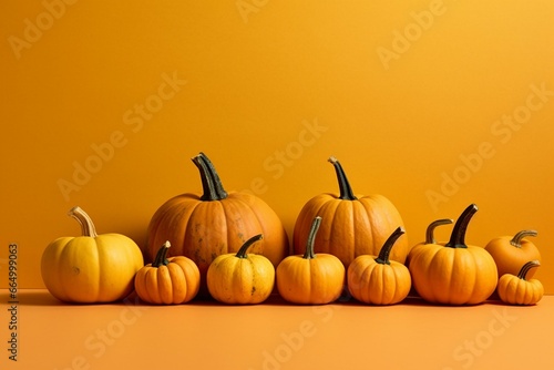 Modern fall picture featuring a bunch of pumpkins on a yellow backdrop. Generative AI