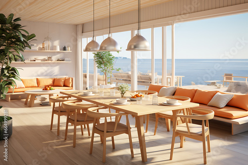 Mediterranean home interior design of modern living room. Wood kitchen, amazing views from the window. © Scott