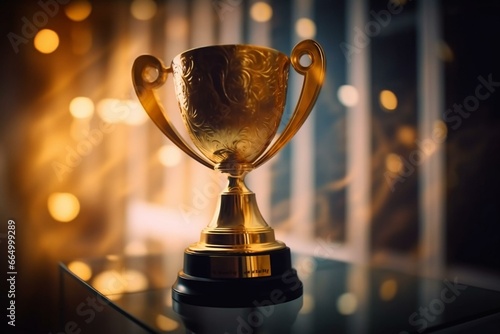 Golden bokeh champion competition library award prize cup trophy celebration. Generative AI