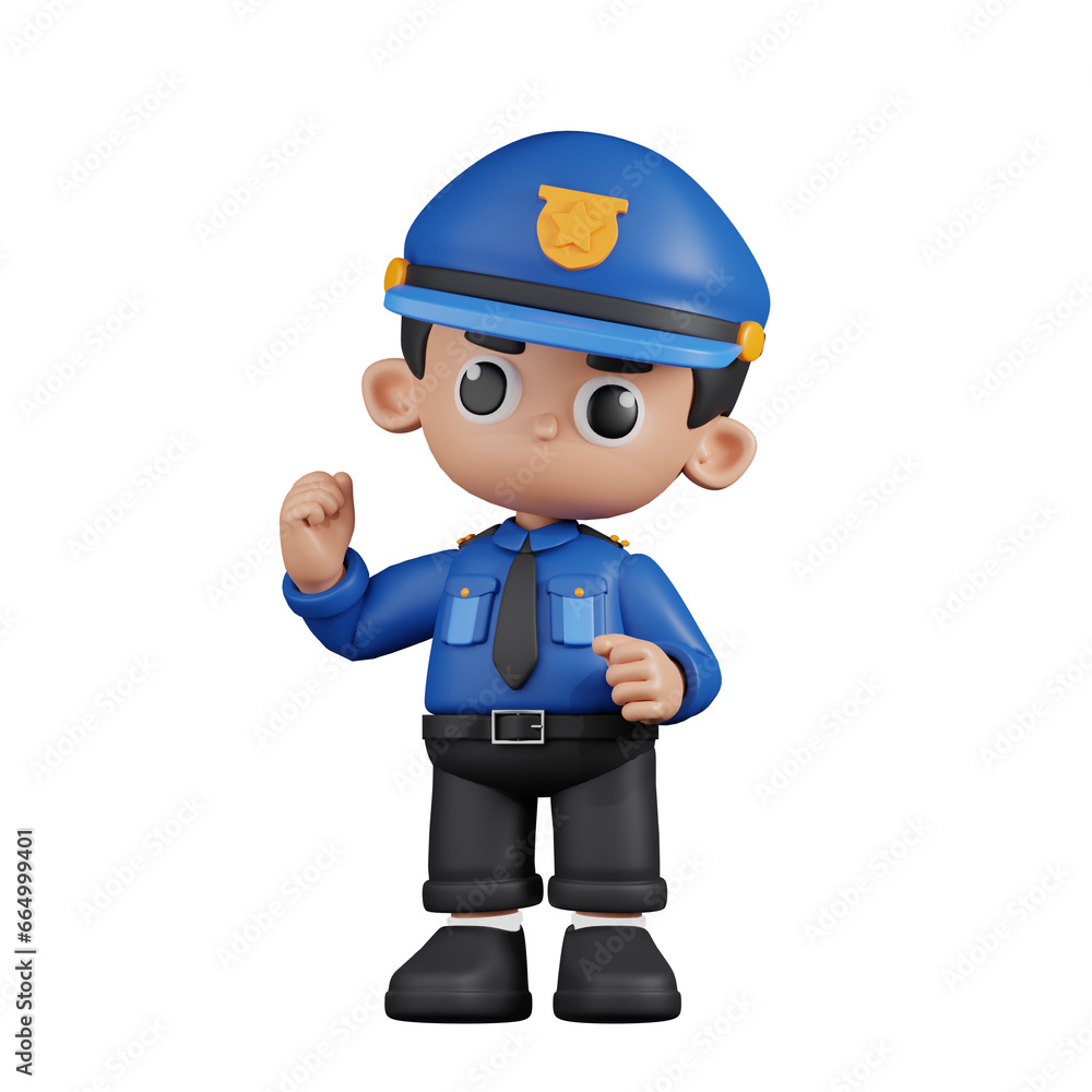 3d Character Policeman Congratulation Pose. 3d render isolated on transparent backdrop.