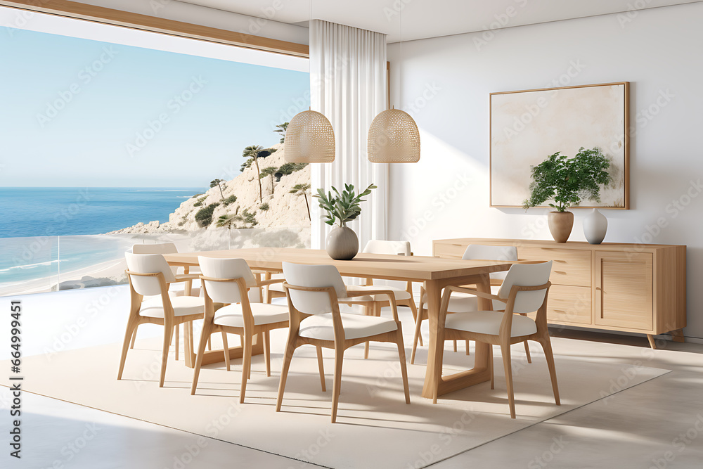 Fototapeta premium Mediterranean home interior design of modern living room. Wood kitchen, amazing views from the window.