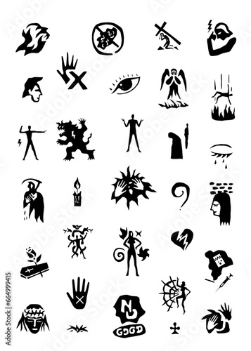 Psychological problems of people fears and phobias ,drugs addiction  - vector icon set , isolated graphic design elements