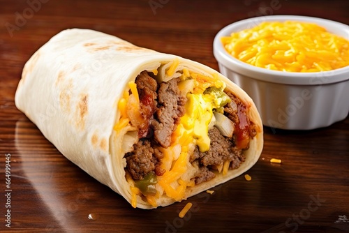 Breakfast burrito with sausage, eggs, hashbrown and cheese. AI Generated