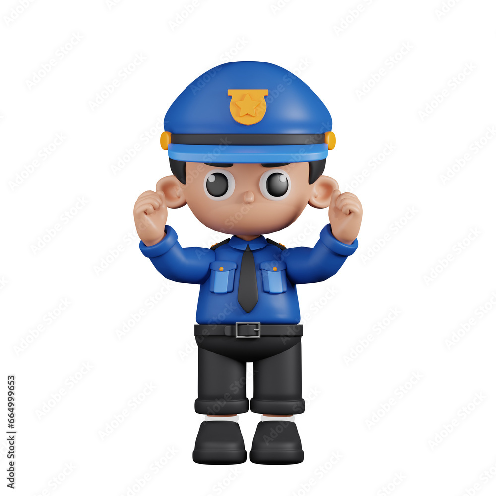 3d Character Policeman Excited Pose. 3d render isolated on transparent backdrop.