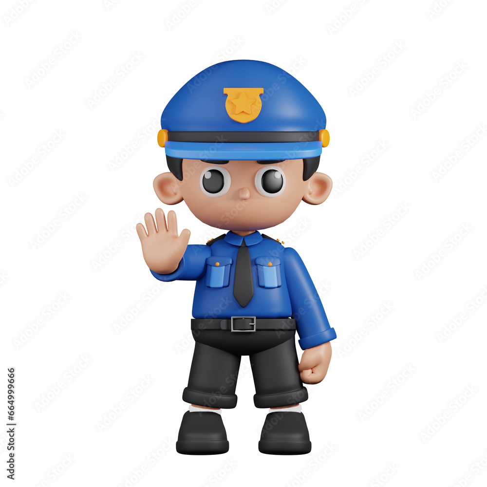 3d Character Policeman Doing The Stop Sign Pose. 3d render isolated on transparent backdrop.