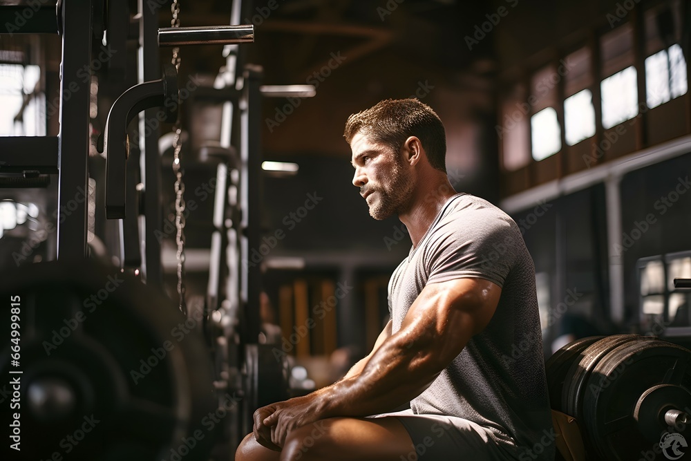 Naklejka premium man taking a break in the gym