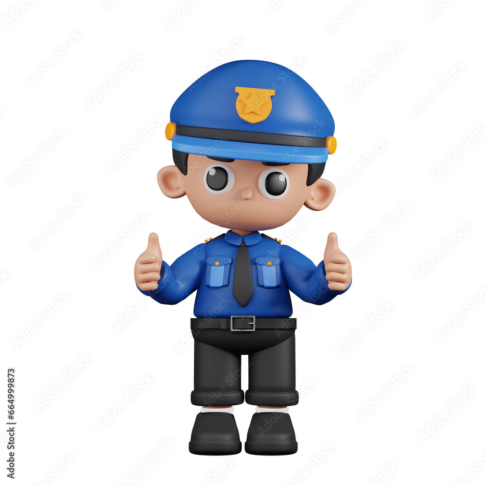 3d Character Policeman Giving A Thumb Up Pose. 3d render isolated on transparent backdrop.