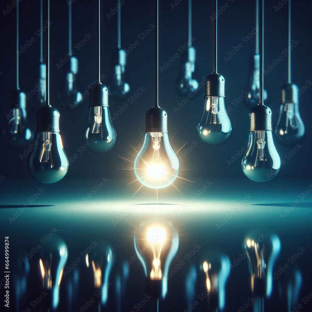 One hanging light bulb glowing different and standing out from unlit incandescent bulbs with reflection on dark cyan background , leadership and different business creative idea concept. 3D rendering. One hanging light bulb glowing different and standing out from unlit incandescent bulbs with reflection on dark cyan background , leadership and different business creative idea concept. 3D rendering.