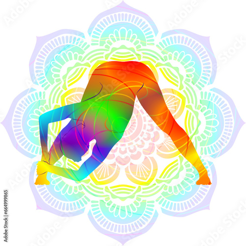 Colorful silhouette of Parshva Prasarita Padottanasana. Side Wide Legged Forward Bend pose. Isolated vector illustration on Mandala background.