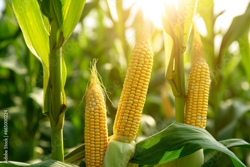 Closeup corn cobs in corn plantation field.