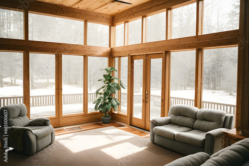Large and open living room den sun room with windows on two sides and lots of natural light flowing in. Rear entrance back door to home. Modern living room photo
