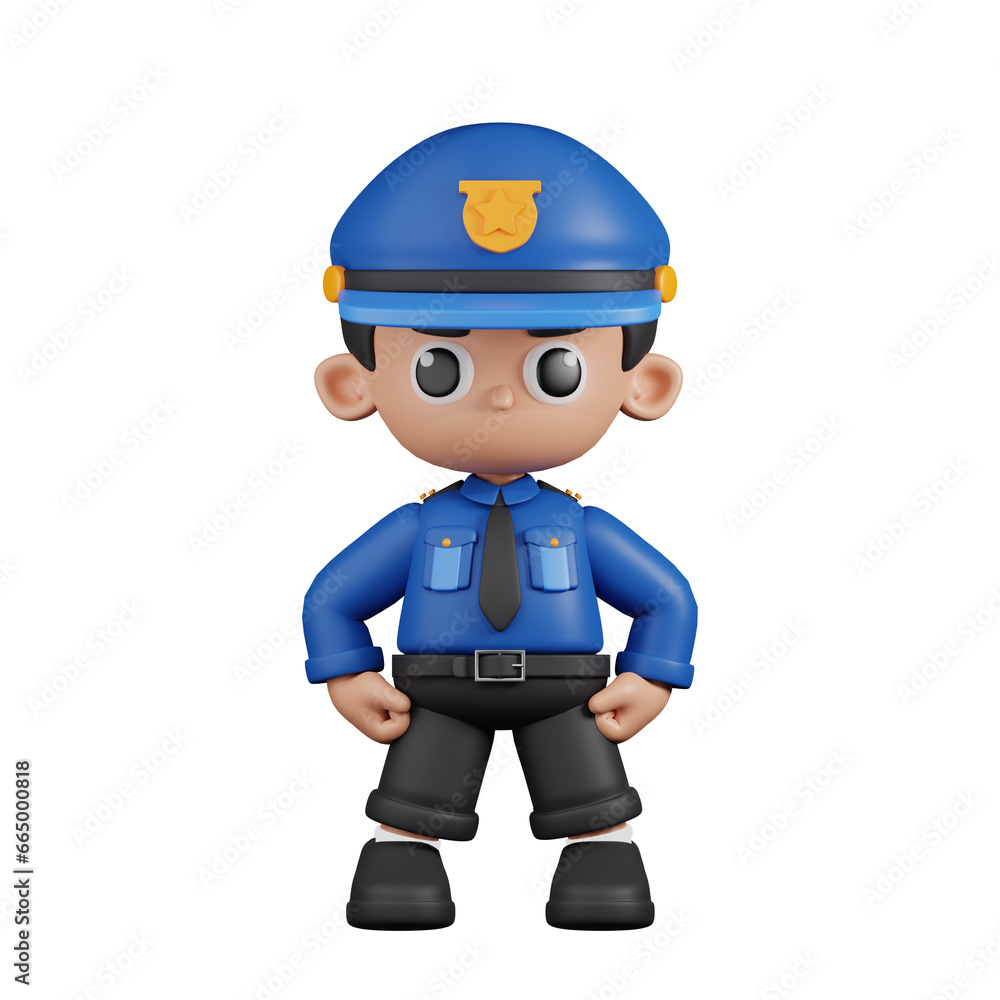 3d Character Policeman Hero Stance Pose. 3d render isolated on transparent backdrop.