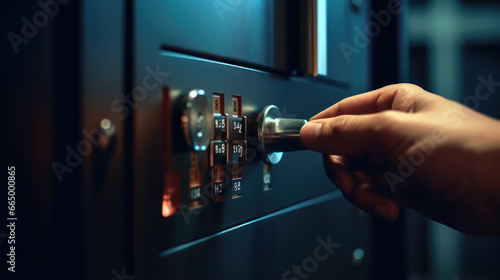Close - up of a hand placing a random code into a security safe with a digital keypad lock photo