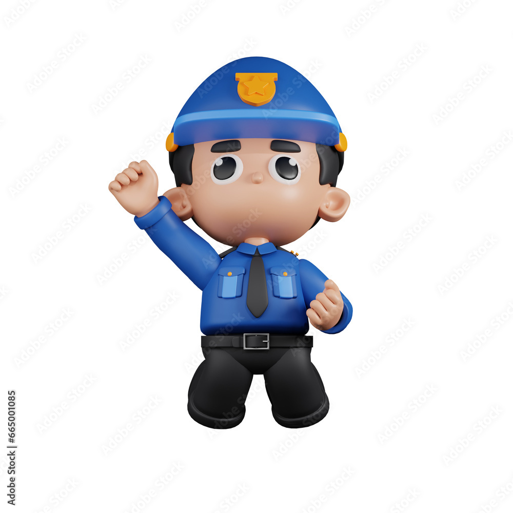 3d Character Policeman Jumping In The Air Pose. 3d render isolated on transparent backdrop.