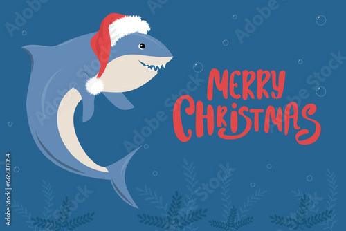 Cute shark wearing Santa Claus hat. Hand drawn vector illustration of Sea animal. 