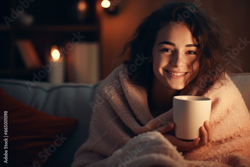 Cute female in sweater holding mug of coffee enjoy and sitting cozy in home