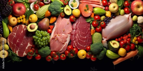 Different types of meats  vegetables  and fruits lay in supermarkets.