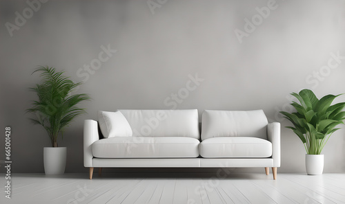 Minimalist Modern Living Room Panorama  White Sofa  Potted Houseplant  and Concrete Wall