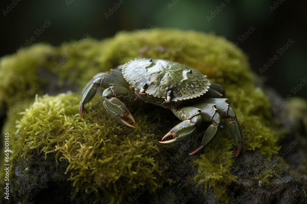 A detailed view of a crab perched on a moss-covered rock. Generative AI