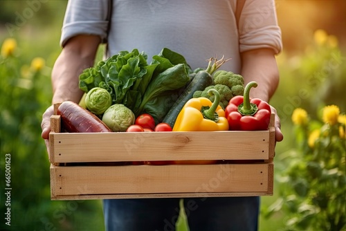 Farmer man holding wooden box full of fresh raw vegetables. © MKhalid