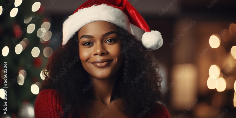 Happy adorable shiny young woman wearing santa hat smiling in indoors room at home house, generative ai Happy adorable shiny young woman wearing santa hat smiling in indoors room at home house, generative ai