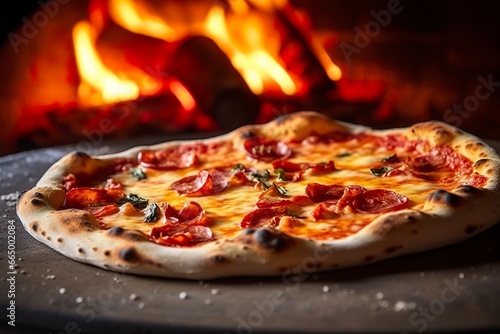 Freshly baked pizza closeup, traditional wood fired oven background.