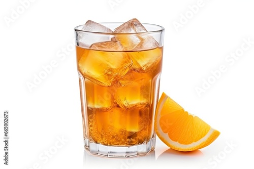 A glass of orange soda water with ice cubes on white background.