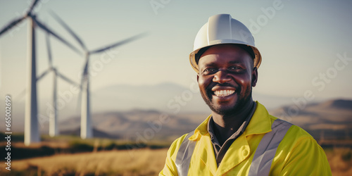 African engineer man working on a windmill farm, generative ai