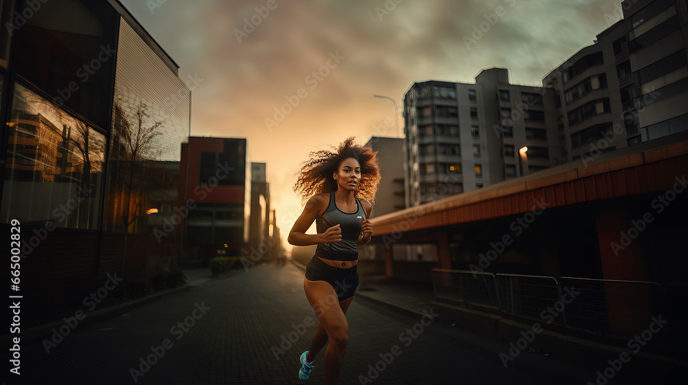 Young african american girl running in the city at sunset - healthy and active lifestyle concept