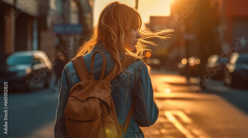 Back view photo of Girl with backpack on city street with sunlight