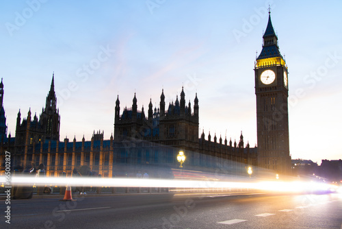 Big Ben  Parliament  and Westminster bridge with car lights at dusk  in London  the UK