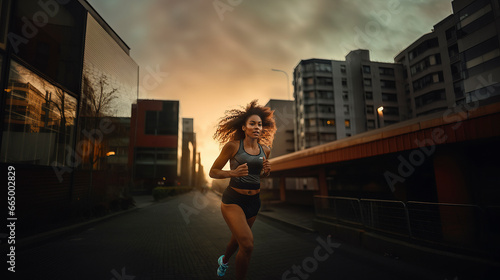 Young african american girl running in the city at sunset - healthy and active lifestyle concept © juancajuarez