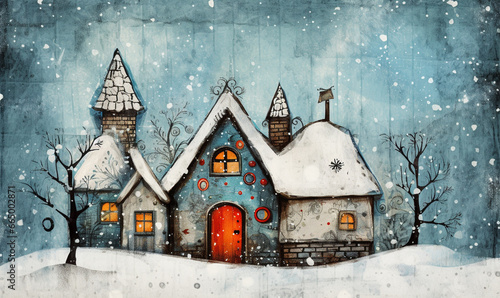 Postcard with a cartoon of a cute christmas house