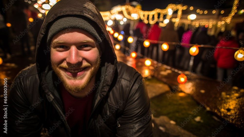 A smiling young man in a black hoodie poses at a festive Christmas event with a cheerful crowd and bright lights, radiating holiday joy and celebration.