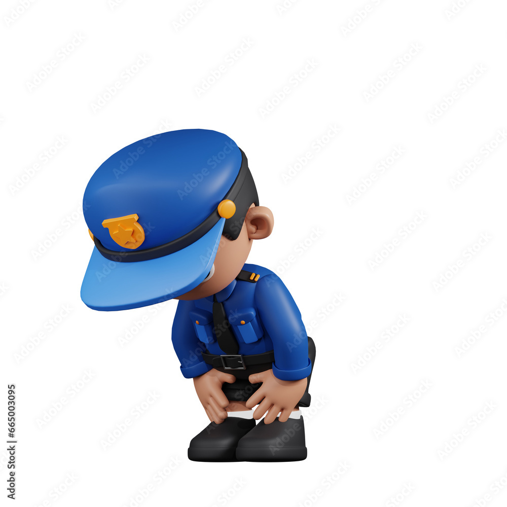 3d Character Policeman Taking A Break Pose. 3d render isolated on transparent backdrop.