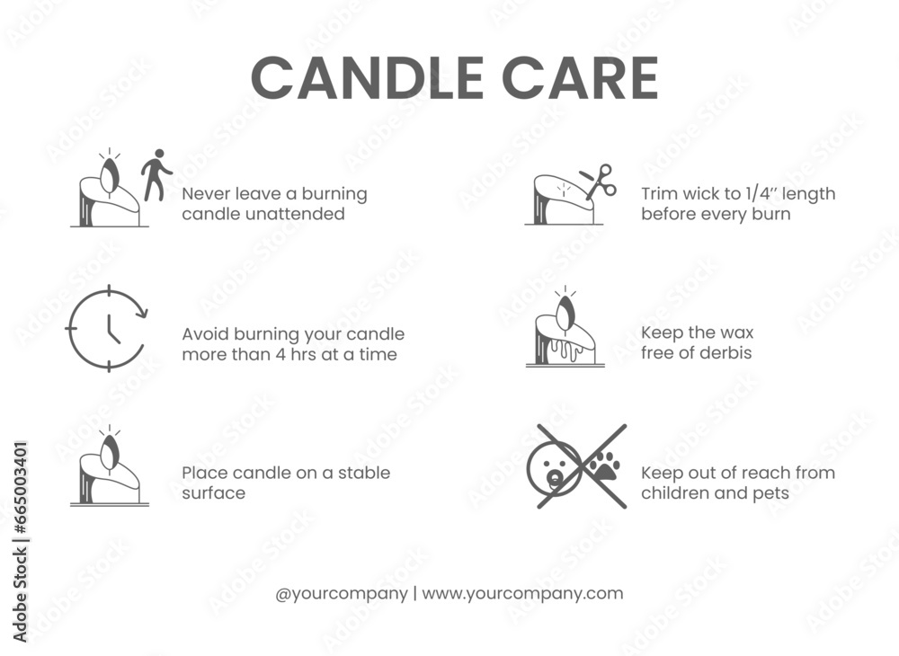 Candle care card template. Line icons. Vector illustration. Infographic.