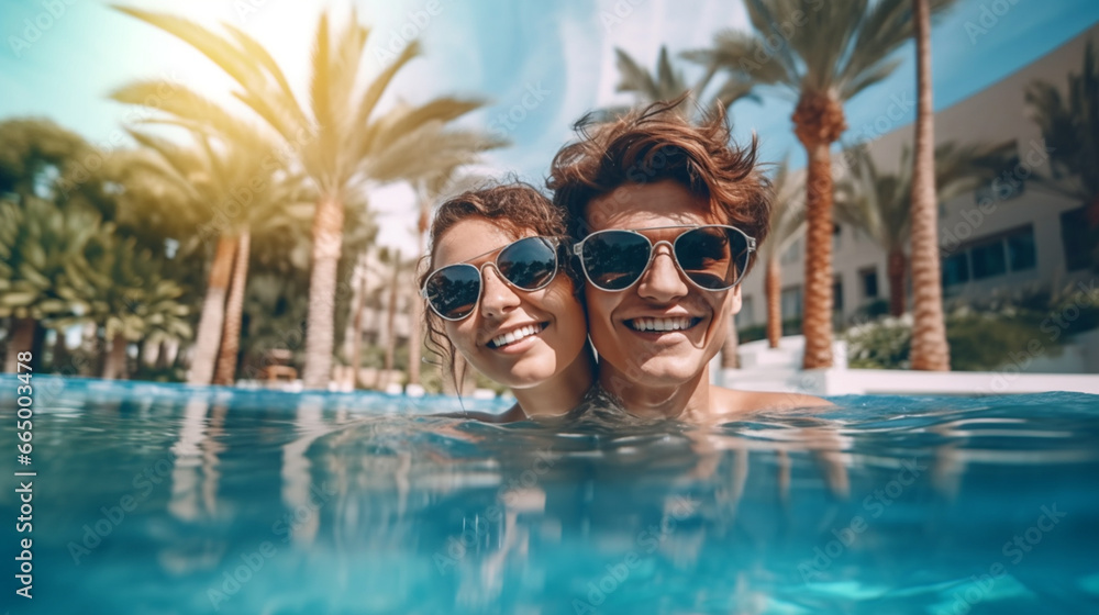 A joyful young couple, wearing sunglasses, shares a playful moment in a pool surrounded by palm trees. Their smiles radiate happiness in this relaxed and inviting atmosphere.