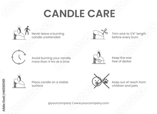 Candle care card template. Line icons. Vector illustration. Infographic.