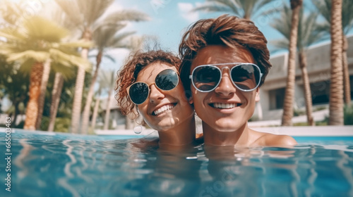 Young couple enjoys pool to...