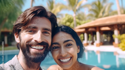 A joyful couple stands by a pool, dressed casually and wearing smiles, capturing a moment of happiness in a luxurious outdoor setting. © wetzkaz